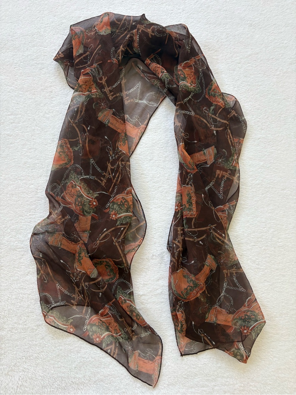 Sheer Brown Floral & Chain Print Scarf - Women Accessories